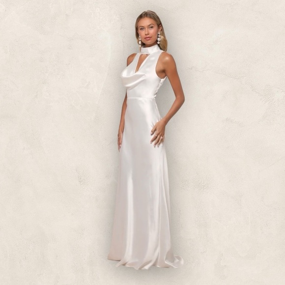 NEW Lulus Gorgeous Vow White Satin Mock Neck Cowl Mermaid Maxi Dress Med. #1552 - Picture 4 of 10